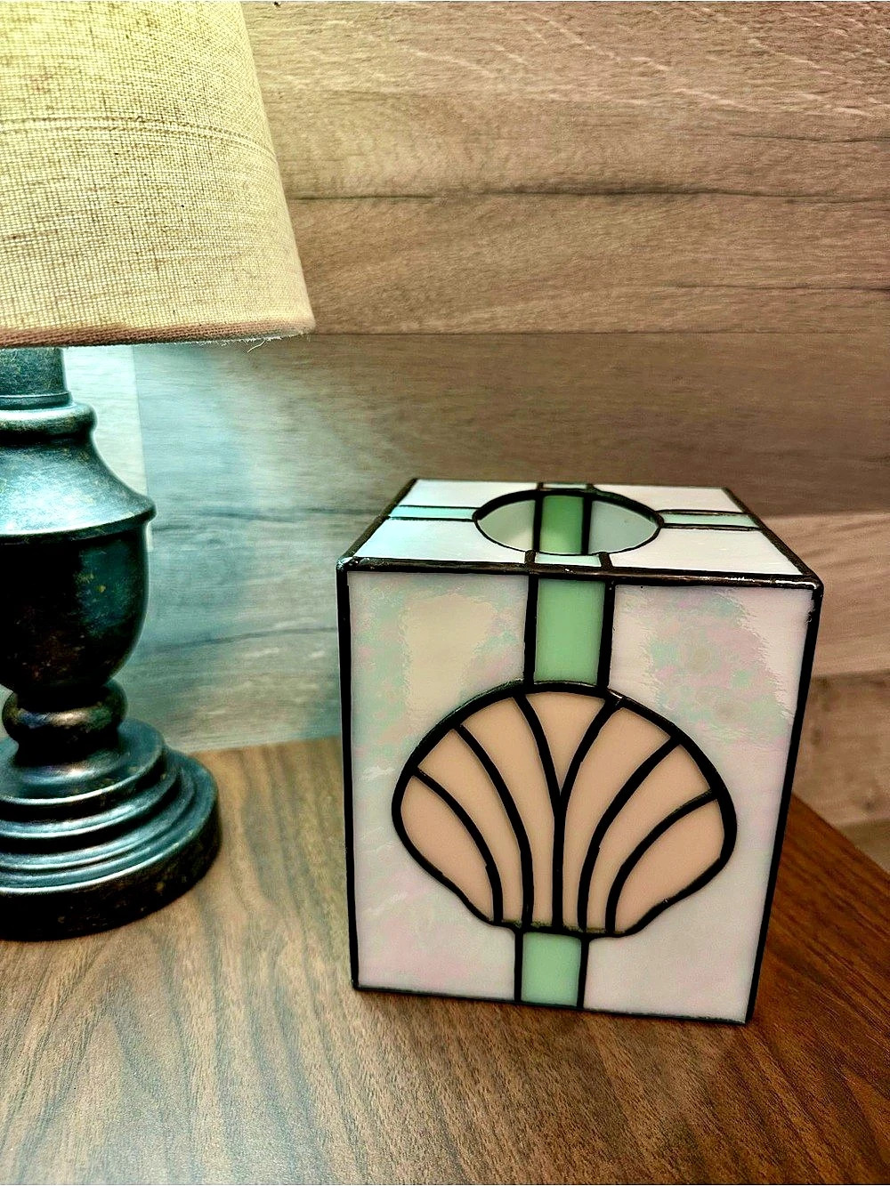 Vintage Stained Glass Art Deco Style Shell Tissue Box Cover